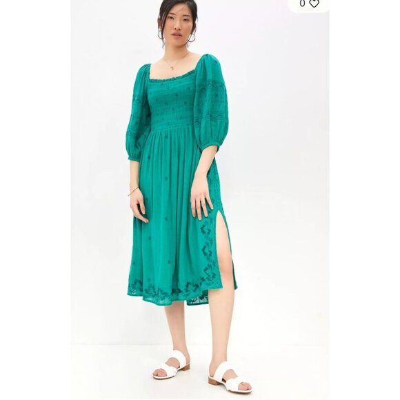 Anthropologie Bonnie Smocked Midi Dress in Green Embroidered Half Sleeve Small - Picture 1 of 7